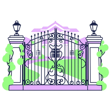 A tall security gate stands at the entrance of a luxurious mansion. The gate is intricately designed with ornate patterns and scrollwork. It is flanked by two stone pillars, which are adorned with green ivy climbing up their sides. In the background, the mansion is visible, showcasing grand architecture with large windows and a sprawling lawn. A well-manicured pathway leads from the gate to the entrance of the mansion. The scene is illuminated by soft lighting, accentuating the elegance of the setting.