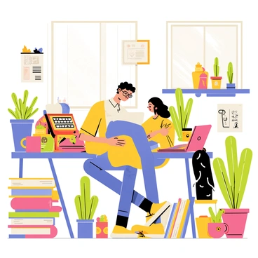 An eccentric office setting featuring a colorful desk filled with unusual items such as a vintage typewriter, quirky ceramic figurines, and a vibrant, patterned desk mat. Potted plants of various shapes and sizes are scattered throughout the space, including a tall cactus and a leafy fern on the windowsill. A busy worker with glasses is typing away on a laptop, surrounded by stacks of colorful notebooks and an oversized coffee mug. The walls are adorned with eclectic art pieces and humorous posters.