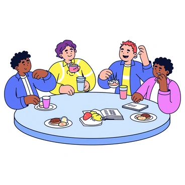 A round table with four friends sitting around it. Two friends are engaged in an animated discussion, while a third listens intently with a smile. The fourth friend is reaching for a bowl of popcorn. Each friend has a drink in front of them; one has a colorful smoothie, another a cup of coffee, and the third has a sparkling water. The book being discussed is open on the table, its cover visible, displaying a title and an illustration. There are also plates with cookies and fruit arranged neatly around the table.