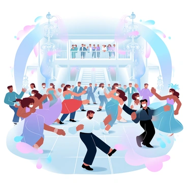 A large ballroom filled with guests in elaborate masks and costumes. The guests are twirling and dancing on a polished wooden floor. Colorful, ornate masks are worn by both men and women, showcasing intricate designs with feathers, sequins, and beads. The costumes feature rich fabrics, including velvet and silk, in a variety of colors such as deep purples, bright blues, and vivid reds. Decorative chandeliers hang from the ceiling, casting a warm light across the scene. Banners and drapes in pastel gradients adorn the walls, adding to the festive atmosphere. A grand staircase leads to an upper level where more masked guests can be seen mingling.