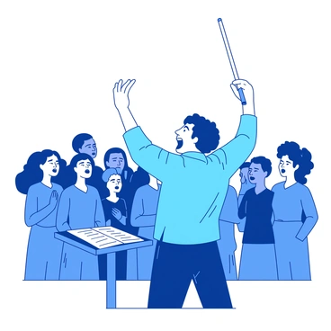 A blue conductor is energetically leading a choir, holding a white baton high in the air with their right hand. The conductor's face expresses focus and passion, with a wide smile that shows their enthusiasm for the music. In front of the conductor, a diverse group of choir singers is arranged in a semi-circle, all wearing matching outfits. The singers are engaged, with some looking at the conductor while others are singing with their eyes closed, fully immersed in the performance. The setting has bright lighting that emphasizes the energy of the moment.