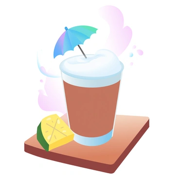 A cup of latte is placed on a wooden table. The latte is topped with frothy milk, creating a smooth surface. A small, colorful tropical umbrella is inserted into the foam, adding a playful touch. Next to the cup, there is a slice of fresh pineapple, its yellow flesh glistening under soft light. The background features a subtle gradient of pastel colors, complementing the scene.