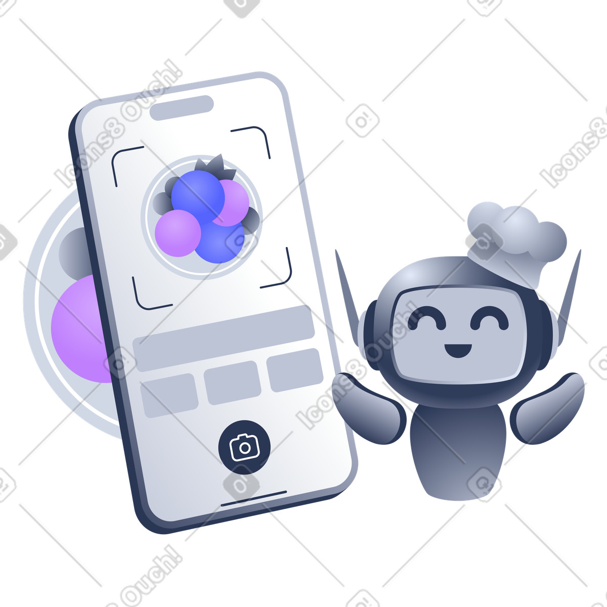 Smartphone che scansiona il cibo e robot chef con intelligenza artificiale, app per l'analisi degli alimenti assistente in cucina illustrazione stile Lucent scarica PNG, SVG
