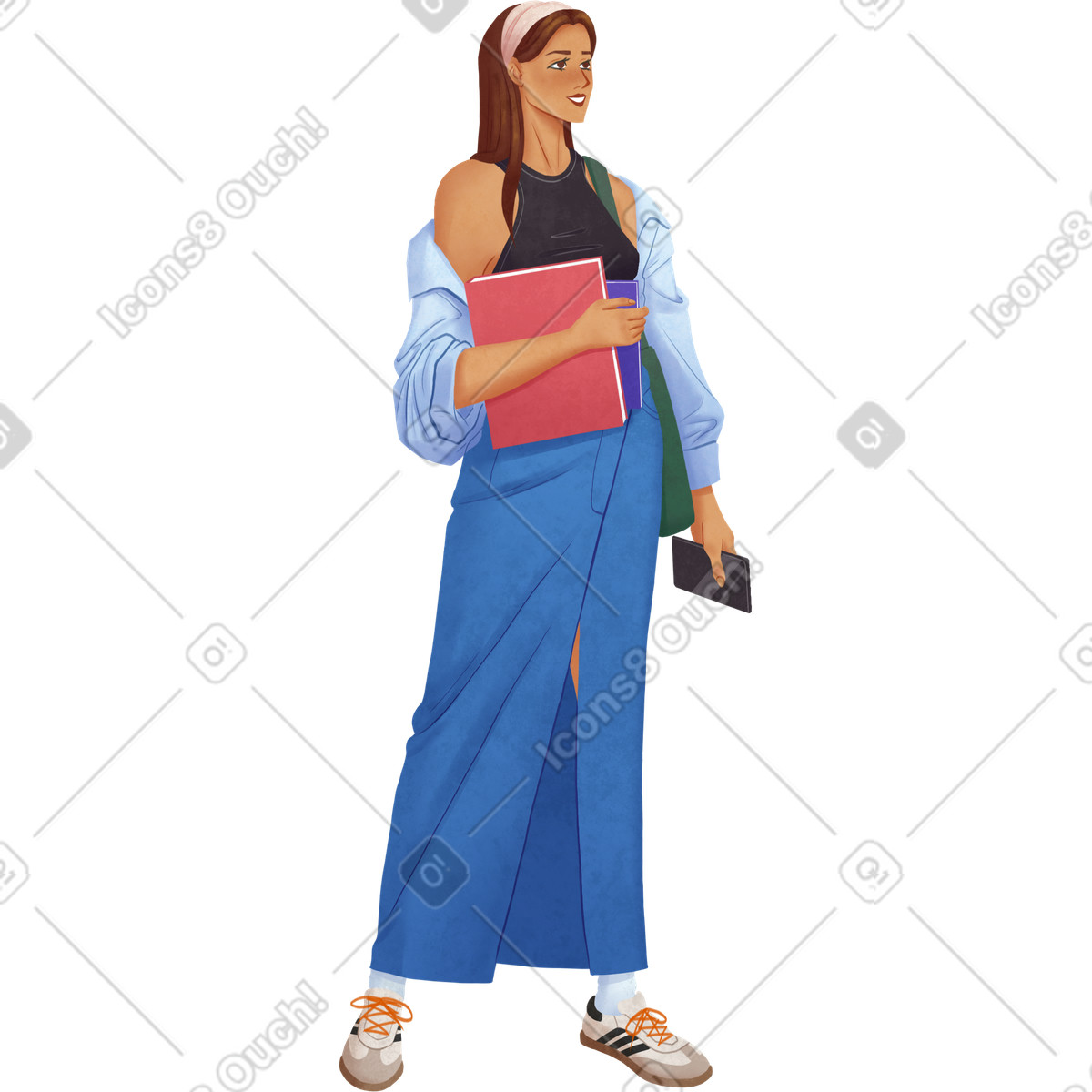 Lifestyle スタイルの Woman in long jeans skirt standing and holding a phone her hand のイラストをPNG、SVG形式でダウンロード