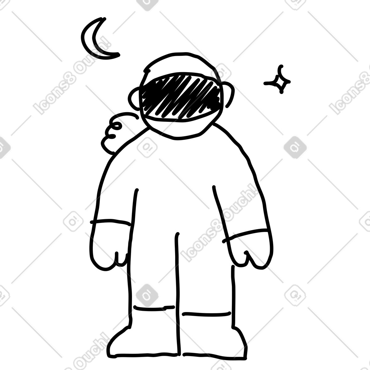 下载 Rough Sketch 风格的 Space explorer wearing helmet visor and backpack under crescent moon 插画，支持 PNG、SVG 格式
