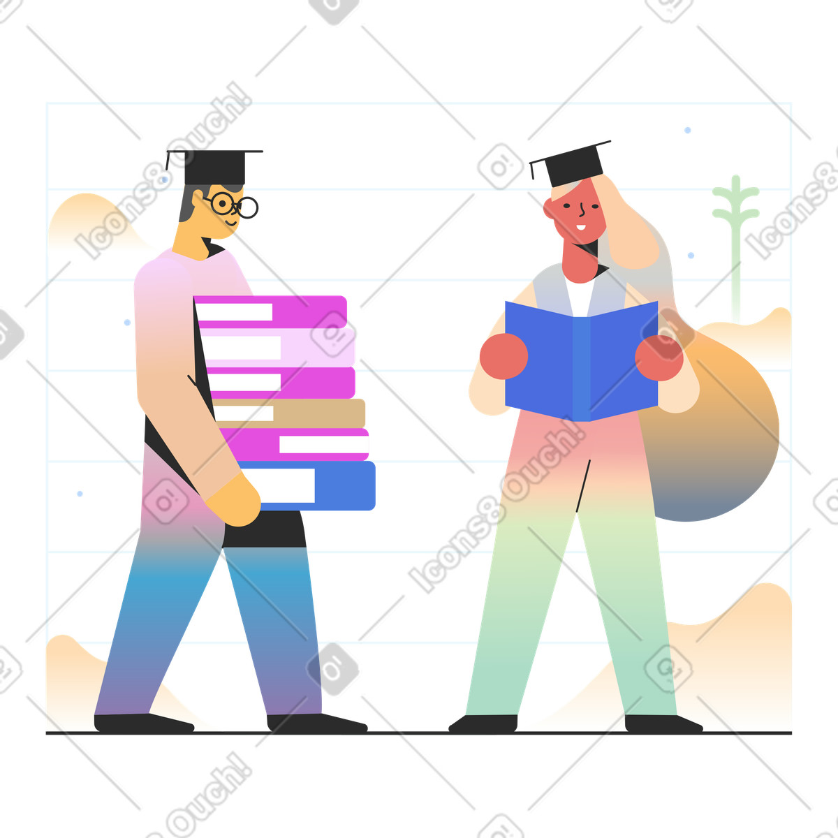 下载 Marginalia 风格的 戴着学士帽的学生读书学习 插画，支持 PNG、SVG 格式