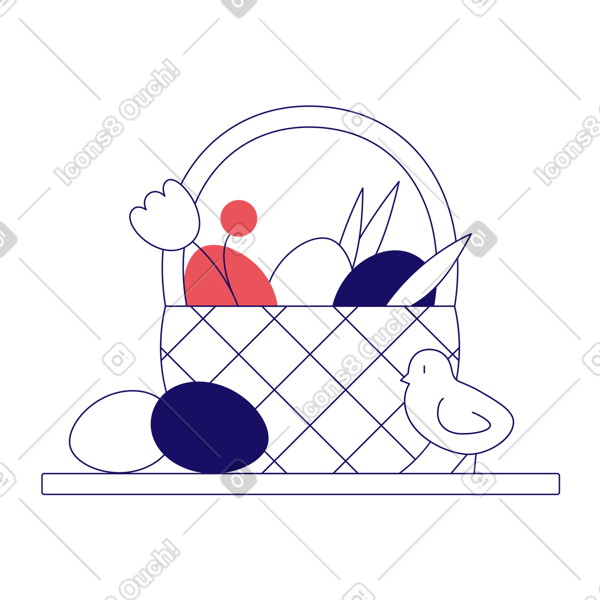 Ilustração de Cesta com ovos páscoa, flores e pintinho em no estilo Bendy para baixar em PNG, SVG