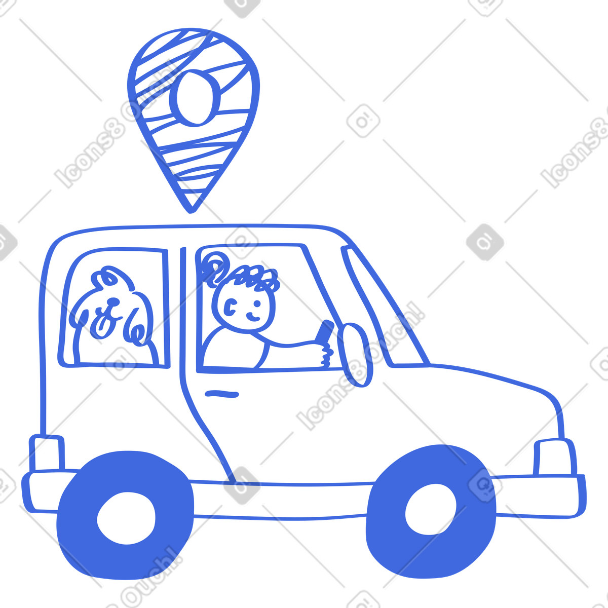 Ballpoint Pen 스타일의 Navigation app guiding car journey with happy driver and dog 일러스트레이션 PNG, SVG 다운로드