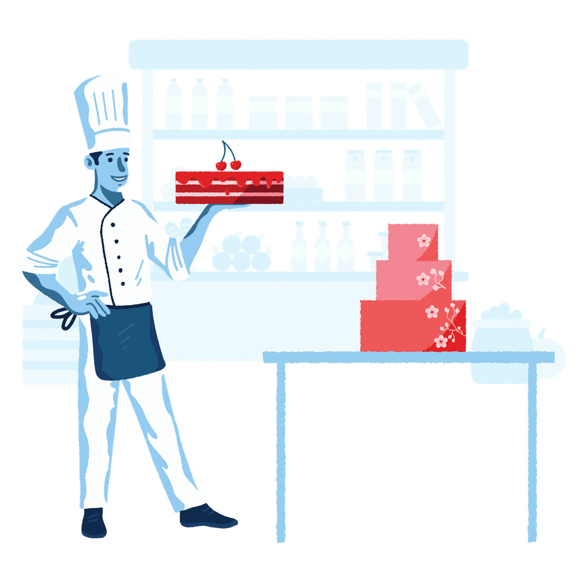 Illustration Pastry chef standing with a cake dans le style Cherry à télécharger aux formats PNG, SVG