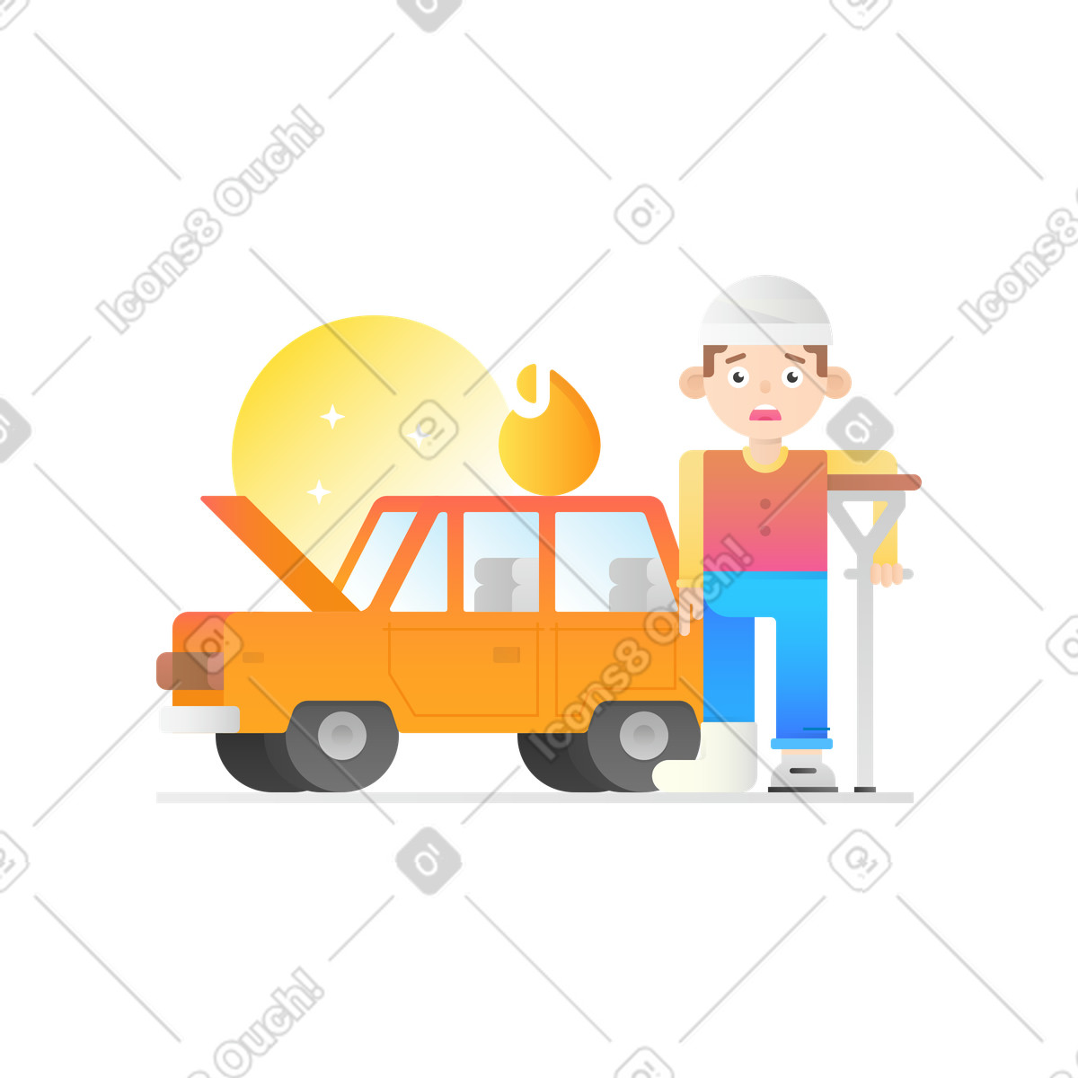 Injured driver with crutch beside broken vehicle, Road accident or fatal error illustration in Hugo style download in PNG, SVG
