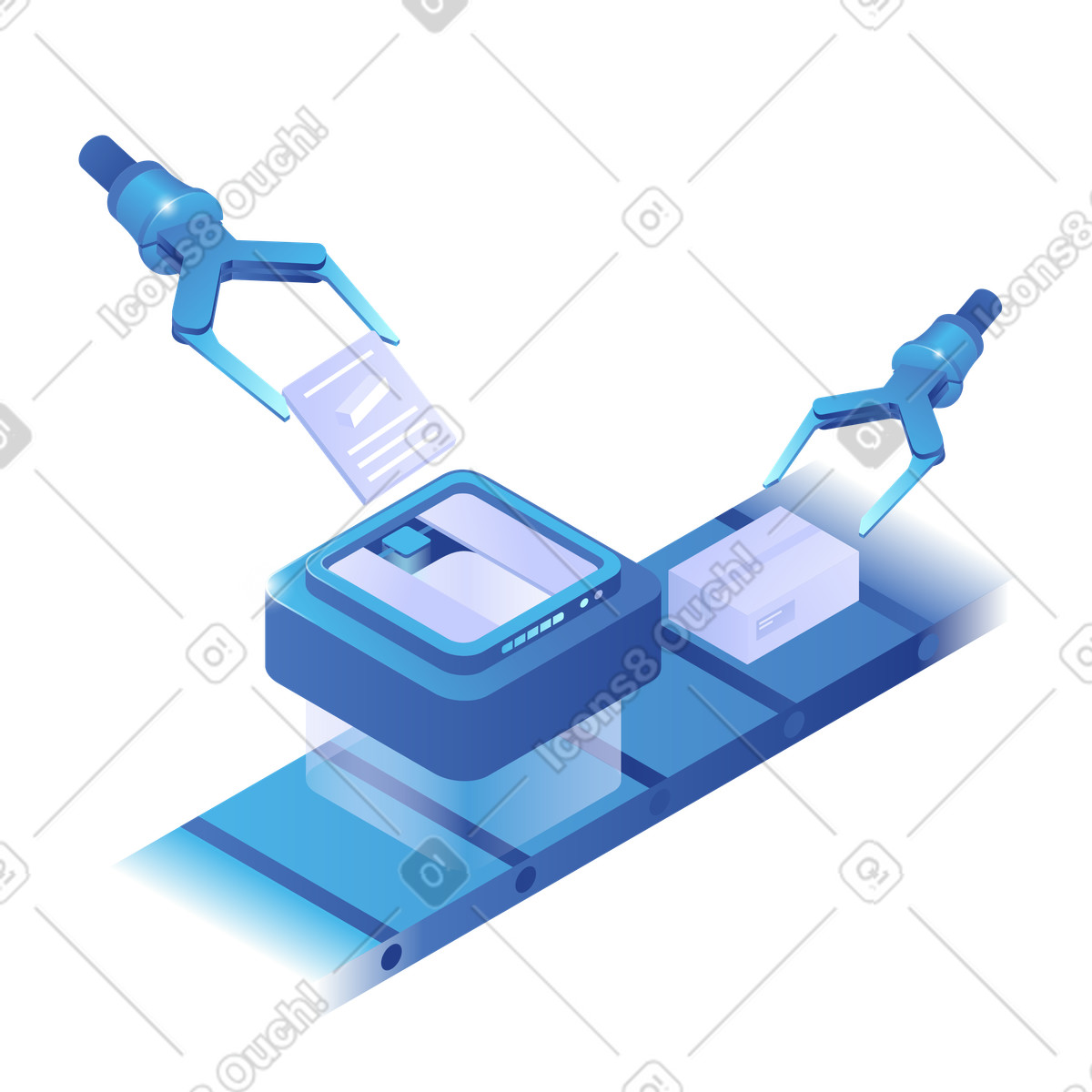 Illustration Industrial automation for document and package handling with robotic arms dans le style Quantum à télécharger aux formats PNG, SVG