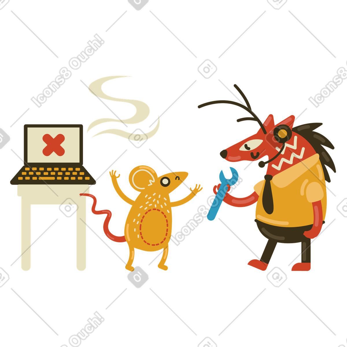 Ilustración Ratón pidiendo ayuda al soporte técnico con un ciervo para su computadora portátil en estilo Arabica a descargar en PNG y SVG
