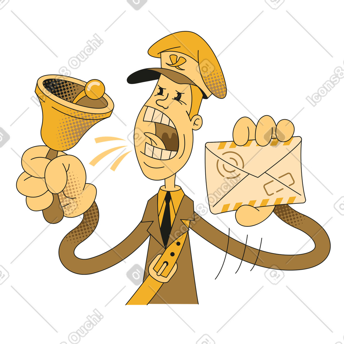 Postman ringing bell and yelling about new message illustration in Rubber style download in PNG, SVG