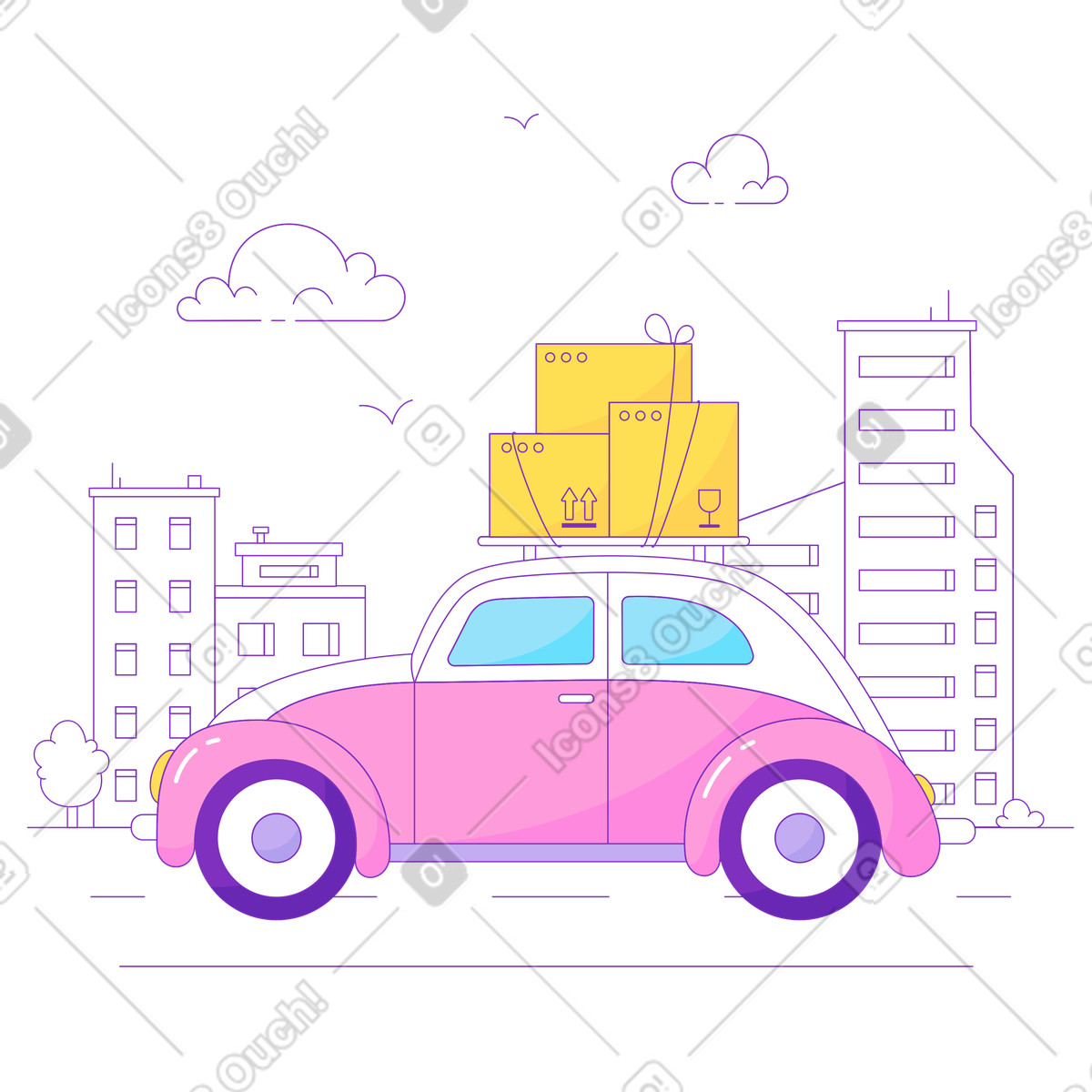 Pink car with boxes goes through the city illustrazione in stile Elastic scarica in PNG, SVG