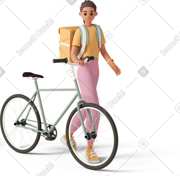 Young woman walking with bicycle and thermobag PNG, SVG
