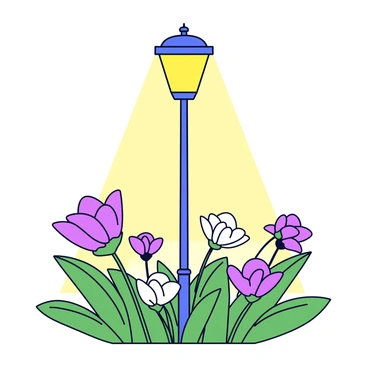 A tall streetlamp with a classic design stands in the midst of a garden. The lamp is turned on, glowing warmly and casting a soft yellow light. The light creates elongated shadows that fall across the ground, partially concealing the delicate shapes of various night flowers. These flowers feature vibrant colors, such as deep purples and soft whites, and their petals seem to shimmer under the light. The garden is filled with lush green foliage, and the gentle curves of the plants are highlighted in the illumination, while the shadows add contrast to the scene.