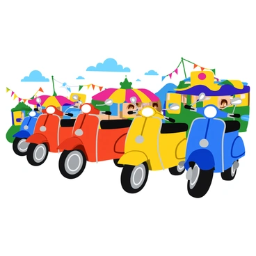 A vibrant scene featuring a group of colorful mopeds parked together at a local community event. Each moped displays a unique design, with bright colors such as red, blue, and yellow. The mopeds are neatly arranged in a row, showcasing their shiny chrome accents and distinctive features like retro headlights and sporty handlebars. In the background, there are festively decorated stalls and cheerful banners fluttering in the breeze, adding to the lively atmosphere of the community event.