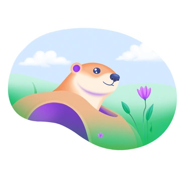 A prairie dog popping its head out of a burrow in a wide open field. The burrow is surrounded by soft green grass, and there are a few wildflowers scattered throughout the field. In the background, a clear blue sky is visible, dotted with fluffy white clouds. The prairie dog has a light brown fur coat and bright, curious eyes as it looks around. The sun casts gentle shadows, highlighting the contours of the landscape and the prairie dog's features.