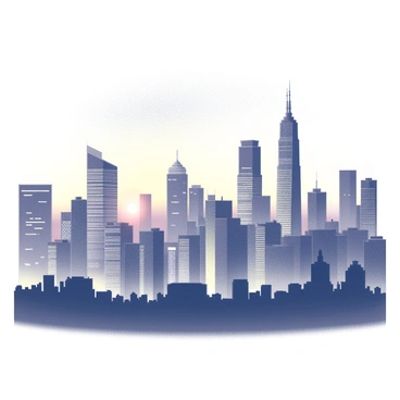 An expansive view of a city skyline featuring numerous skyscrapers of varying heights and architectural styles. The buildings are illuminated from within, creating a vibrant contrast against the deepening twilight sky. The skyline is bordered by a softly glowing horizon, where the fading light transitions into darker shades. The foreground includes silhouettes of smaller structures, adding depth to the scene. The entire composition captures the bustling essence of urban life as day turns to night.