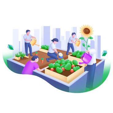 A group of diverse individuals tending to vegetables on a rooftop urban farm