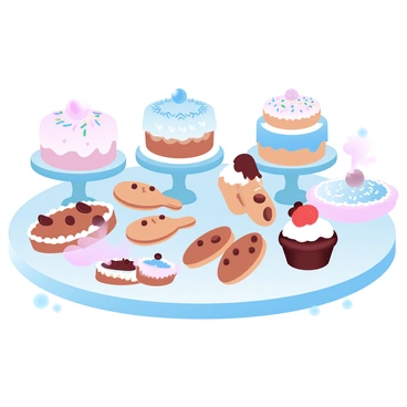 A table is elegantly set with an assortment of desserts. There are several beautifully decorated cakes in varying sizes and colors, each topped with intricate designs. Beside the cakes, an array of cookies is displayed, showcasing different shapes and textures, some with chocolate chips while others are adorned with colorful sprinkles. Tarts filled with vibrant fruits and glossy glazes add a pop of color to the spread. The table is covered with a delicate tablecloth that complements the overall presentation, creating a visually appealing dessert display.