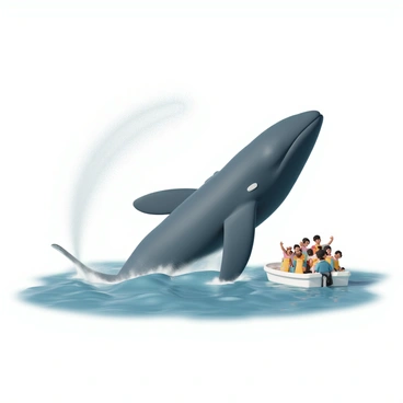 A giant whale, with a massive, sleek body and a dark blue tint, is breaching the ocean surface, sending up a spectacular spray of water droplets. The whale's streamlined shape is partially out of the water, showcasing its powerful tail and fins. Next to the whale, a small boat bobbing on the waves is filled with excited onlookers. The people on the boat are a mix of ages and ethnicities, all wearing brightly colored life jackets, with expressions of awe and joy as they watch the whale's impressive display. The ocean surrounding them is a tranquil blue, with gentle waves reflecting the sunlight.