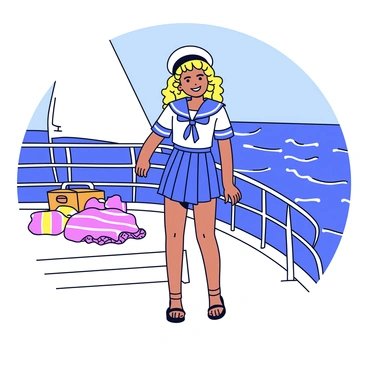 A Barbie doll is standing on the deck of a luxurious yacht. She is wearing a nautical-themed outfit, which includes a navy blue and white striped dress and a matching sailor hat. The sea is visible in the background, with gentle waves reflecting the sunlight. The yacht is equipped with sleek railings and sails, creating an atmosphere of elegance and leisure. Some colorful beach towels and a picnic basket are placed on the deck beside her.