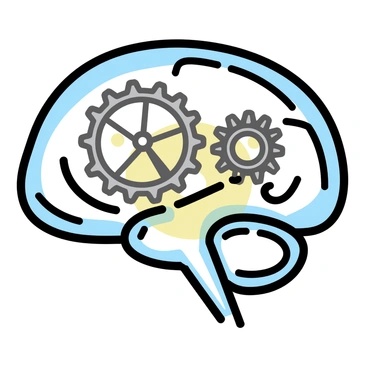 A close-up view of a transparent brain model, showcasing intricate gears turning within. The gears are metallic with fine details, reflecting light as they rotate. The brain model has clearly defined sections, with the gears visible through its transparent structure. The background is softly blurred to emphasize the brain and gears.