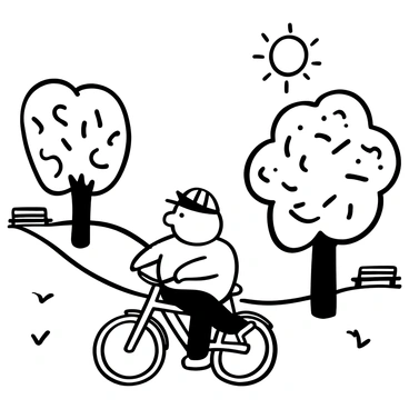 A playful pig with a round body riding a bicycle. The pig is wearing a little helmet that fits snugly on its head. The bicycle has a classic design with two wheels, pedals, and handlebars. In the background, there are trees with detailed bark texture and scattered leaves. The park setting includes a winding path that the pig is riding along, with a few benches visible. The sun is depicted as a large circle in the sky, illuminating the scene with strong contrast.