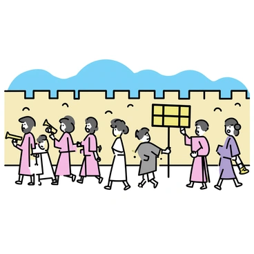 A group of Israelites, dressed in simple robes and sandals, marching in formation around the city of Jericho. They are carrying a rectangular golden Ark of the Covenant on poles, which is held aloft by several individuals. The walls of Jericho are visible in the background, featuring a rough stone texture and a dusty color. The Israelites are diverse in appearance, with men and women represented, some playing musical instruments like trumpets. The scene conveys a sense of movement and determination as they circle the ancient city under a clear blue sky.