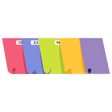 A collection of rolls of fabric arranged in a line, showcasing a spectrum of colors including red, blue, green, yellow, and purple. Each roll has a label next to it displaying a different ratio, such as "1:2," "2:3," and "3:4." The fabric rolls are neatly stacked with the vibrant colors contrasting against a simple white background. The display is organized to visually represent the concept of equivalent ratios, emphasizing the relationship between the different colored fabrics.