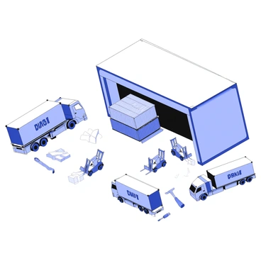 A factory loading dock is bustling with activity. There are several shipping containers stacked on the dock, each labeled with various company logos and numbers. Heavy trucks are positioned nearby, with their engines running and drivers preparing to load or unload cargo. The loading dock features a large overhead door, slightly open to reveal the interior of the factory. Forklifts are moving between the trucks and containers, transporting goods. The scene is filled with various tools and equipment scattered around, emphasizing the busy nature of the loading dock.