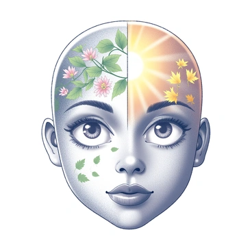 A face with distinct divisions, each section illustrating a different season. The uppermost section represents "spring," featuring blooming flowers and fresh green leaves. The next section depicts "summer," characterized by bright sunlight and lush foliage. Below that, "autumn" showcases falling leaves in intricate patterns and a warm, golden tone. The bottom section illustrates "winter," highlighting snowflakes and frost-covered features. Each seasonal section transitions smoothly into the next, creating a harmonious display of nature's cycles.