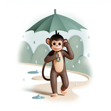 A monkey, with brown fur and a playful expression, is walking on a path while holding a large green leaf above its head as an umbrella. The leaf, broad and vibrant, protects the monkey from the gentle rain falling around it. Raindrops can be seen splashing on the ground, creating small puddles. The background features soft, blurred greenery, suggesting a lush environment, while the monkey's fur appears slightly damp from the mist of the rain.