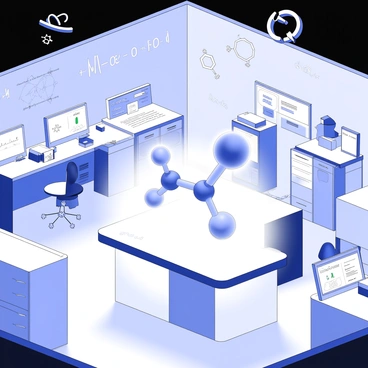 A futuristic laboratory is filled with various scientific equipment. Holographic equations are projected in mid-air, showcasing complex mathematical formulas and diagrams. Floating symbols hover around the lab, representing different elements of chemistry and physics. Sleek workstations are arranged around the space, equipped with digital screens displaying data. The room is illuminated by soft, ambient lighting that enhances the high-tech atmosphere. In the center, a large holographic display shows a three-dimensional model of a molecule, with animated interactions between its atoms.