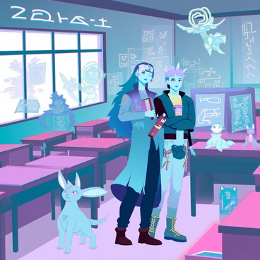 A diverse group of anime characters, including a girl with long blue hair and bright eyes wearing a flowing robe, a boy with spiky green hair holding a spellbook, and a tall figure with silver hair and a serious expression, stands together in a grand classroom filled with ornate desks and ancient scrolls. Surrounding them are various mystical creatures, such as a small dragon with shimmering scales perched on a windowsill, a fluffy creature with large ears hopping on the floor, and an ethereal fairy with translucent wings fluttering above. The walls are adorned with glowing runes and magical artifacts, creating an enchanting atmosphere.