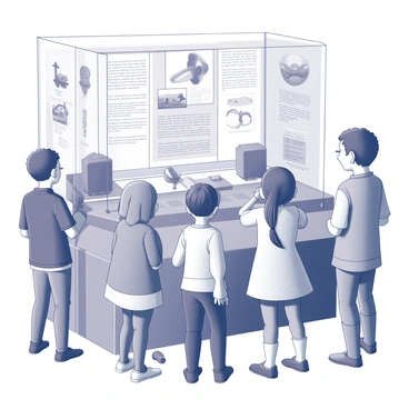 A group of children gathered around an interactive exhibit focused on tidal energy. They are engaged and curious, with some children reaching out to touch buttons or levers that activate various mechanisms. The exhibit features clear displays showcasing the principles of tidal energy, including diagrams and models of turbines. The children are diverse in appearance, representing different ethnicities, and are wearing casual clothing suitable for a museum visit. The environment is filled with various marine-themed decorations and informational panels, creating an educational atmosphere.