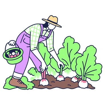 A farmer is bending down in a garden, carefully harvesting ripe rhubarb stalks. The farmer is wearing a straw hat, a plaid shirt, and denim overalls. In one hand, they hold a green basket filled with freshly picked rhubarb. The garden has lush green leaves surrounding the rhubarb plants, and the sunlight casts soft shadows on the ground. The farmer's other hand is gently pulling a thick rhubarb stalk from the soil, ensuring not to damage the surrounding plants. In the background, there are more rows of rhubarb plants, creating a sense of abundance in the garden.