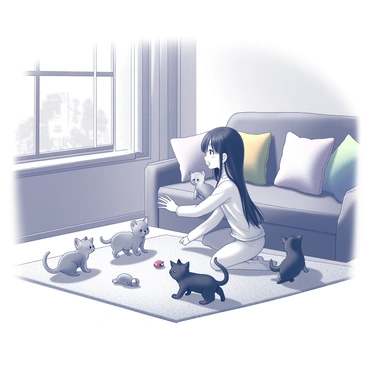 A girl named Kanako is sitting on a soft carpet in a cozy living room. She has long black hair and is wearing a comfortable outfit. Around her are several adorable kittens of various breeds, playfully interacting with each other. The room is filled with colorful cushions scattered on a couch and the floor, providing a warm and inviting atmosphere. Sunlight streams through a nearby window, illuminating the playful scene. Kanako is gently reaching out to one of the kittens, while others are batting at a small toy mouse nearby.