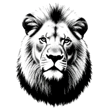 A lion's head is positioned front and center, showcasing its strong, defined features. The lion has a prominent snout and piercing eyes that convey strength and authority. Its mane is detailed with fine lines, creating intricate textures that emphasize the flow and volume of the fur. Each strand of the mane is distinct, with varying lengths that add depth to the illustration. The overall composition captures the regal essence of the lion, making it a striking focal point in the image.