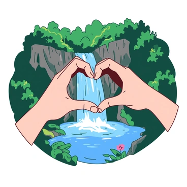 Two hands are positioned together to form a heart shape. The hands are slightly weathered, suggesting a connection to nature. In the background, a vibrant waterfall cascades down from a rocky cliff, surrounded by lush greenery. The water splashes into a serene pool below, reflecting the sunlight. The forest is dense, filled with various shades of green, and there are hints of colorful flowers peeking through the foliage. The scene captures a moment of connection between the human gesture and the beauty of the rainforest.