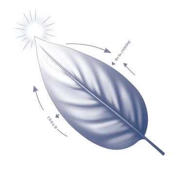 A plant leaf depicted in close-up view, showcasing its intricate structure with visible veins. Sunlight is represented by rays extending from a bright source above, illuminating the leaf. Arrows illustrate water entering the leaf through the roots and carbon dioxide moving in through the stomata on the underside of the leaf. Exiting the leaf are arrows indicating oxygen being released and glucose being produced. The overall composition highlights the processes of photosynthesis, emphasizing the interaction between sunlight, water, and carbon dioxide.