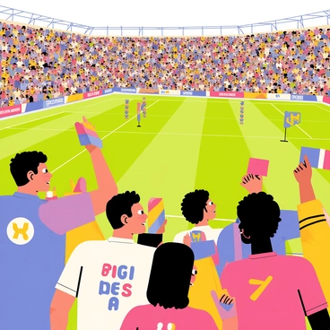 A diverse crowd of people with different ethnic backgrounds stands excitedly in a stadium, watching a rugby match. The crowd is filled with individuals waving colorful flags and holding vibrant banners that display supportive messages for their teams. Some people are wearing face paint in their team colors, while others have team jerseys. In the background, a green rugby field is visible, with players in action, and the stands are packed with cheering fans.