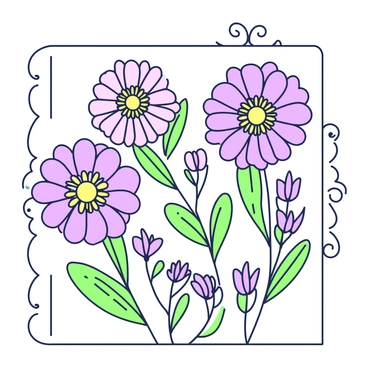 A greeting card design featuring a hand-drawn illustration of aster flowers