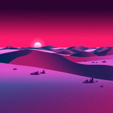 A vast desert landscape at dusk, with undulating sand dunes stretching across the horizon. The sky is filled with deep red hues, blending into darker shades as the sun sets low on the horizon. Silhouettes of sparse desert vegetation dot the landscape, their outlines stark against the vibrant sky. A few scattered rocks and small hills are present, adding texture to the scene. The sandy ground reflects the fading light, creating a gradient of color in the foreground.