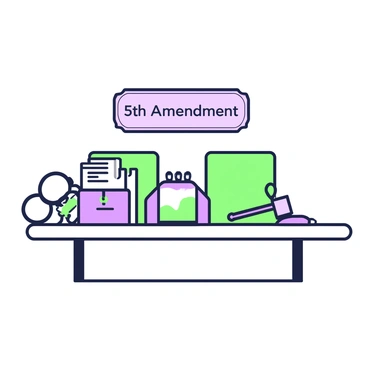 A courtroom evidence table is positioned in the center of the image. On the table, several items are arranged neatly, including a pair of handcuffs, a stack of documents, and a magnifying glass. In front of these items, there is a small evidence bag containing a piece of fabric. To the right, a small gavel rests on the table. Above the items, a sign reads "5th Amendment," clearly visible and prominent. The table has a polished surface and is flanked by tall chairs on either side.