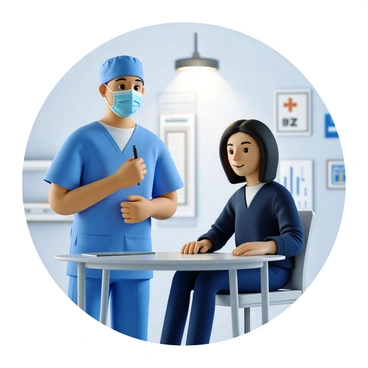 A surgeon wearing blue scrubs and a surgical mask is standing next to a patient seated in a medical consultation room. The surgeon is holding a surgical pen and is carefully drawing an outline of a nose on the patient's face, which is partially visible. The patient has a neutral expression and is looking straight ahead. In the background, there are medical charts and a light source illuminating the scene. The atmosphere conveys a professional medical setting.