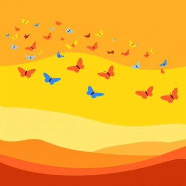 A vast swarm of butterflies with vibrant wings in shades of orange, yellow, and blue are flying across the sky. The background features a golden sunset with a gradient of warm colors, transitioning from deep orange at the horizon to lighter hues above. Some butterflies are in a close formation, while others are fluttering freely, creating a dynamic sense of movement. The silhouettes of distant hills can be faintly seen beneath the glowing sky.
