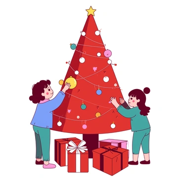 A red Christmas tree is being decorated by two children. One child, wearing a blue sweater, is placing a shiny yellow ornament on a branch, while the other child, dressed in a teal outfit, is reaching up to hang a pink ornament. The tree is adorned with various colorful ornaments, including stars and balls. Strands of white lights are draped around the tree, creating a warm glow. The room is filled with a festive atmosphere, with presents wrapped in red and white paper gathered underneath the tree.