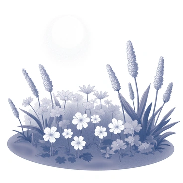 A garden filled with a variety of flowers and plants. The scene is illuminated softly by bright moonlight, casting gentle shadows across the ground. The flowers are swaying lightly as if influenced by a gentle breeze, creating a sense of movement in the scene. The overall composition emphasizes the arrangement of flora, with the moonlight highlighting their textures and shapes.